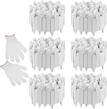 Soaoo 6 Pack Wood Garden Edging Border Outdoor Landscape Edging Flexible Decorative Garden Fence Border with White Gloves for Lawn Yard Tree Flower Bed Pathway (White)