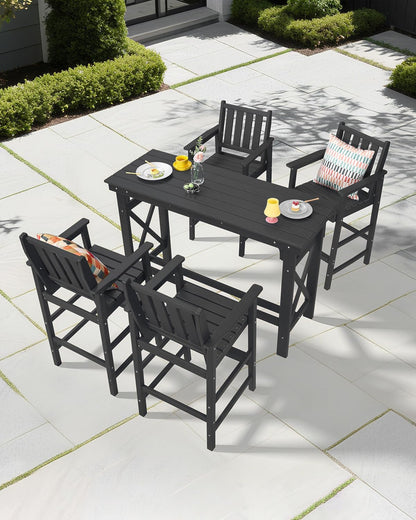5-Piece HDPE Patio Bar Set, Rectangular Bar Height Table and 4 Adirondack Bar Chairs, All Weather Outdoor Bar Stools Set, Outdoor Bar Table and Chairs Set for Balcony, Pool, Porch, Obsidian
