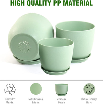 Medium Plant Pots 10/9/8 inch, Flower Pots for Indoor Outdoor Plants, Set of 3 Modern Decorative Plastic Planters with Drainage Holes and Saucers for House Porch Garden Plants, Green