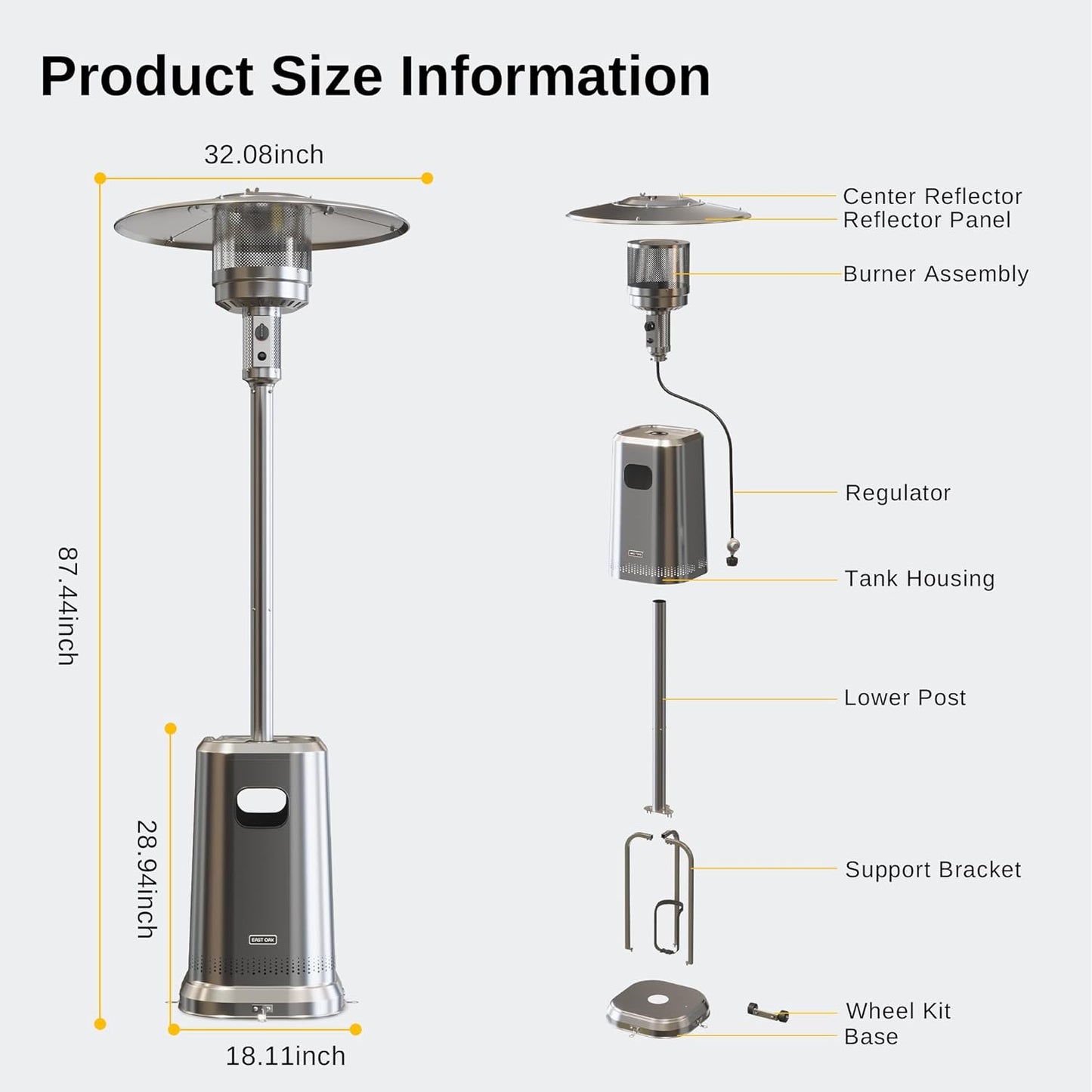 EAST OAK 50,000 BTU Patio Heater with Sand Box, Double-Layer Stainless Steel Burner, Table Design, Safety Protection System, Wheels, Propane Patio Heater for Home and Commercial, Stainless Steel