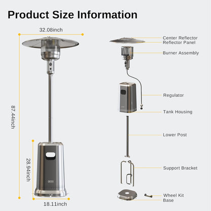 EAST OAK 50,000 BTU Patio Heater with Sand Box, Double-Layer Stainless Steel Burner, Table Design, Safety Protection System, Wheels, Propane Patio Heater for Home and Commercial, Stainless Steel