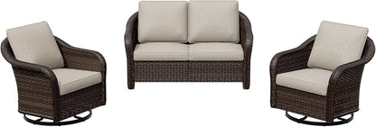 3 Pieces Patio Conversation Set, 55" Sofa with Washable Cushions, Wicker 360 Degree Swivel Glider Rocker Chairs, Wicker 2-Seat Couch for Garden, Lawn (Beige)