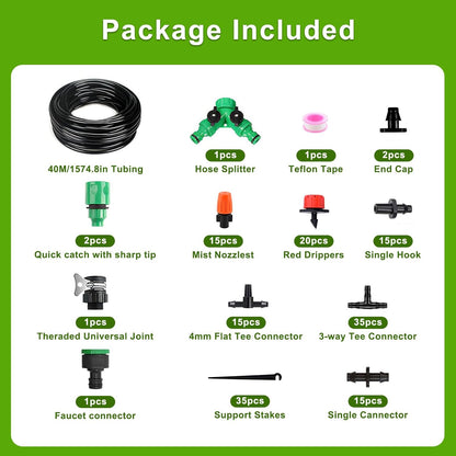 Drip Irrigation Kit 131FT 158PCS with 1/4" Black Distribution Tubing, Automatic Watering System for Garden, Greenhouse, Patio, Flower Bed, Lawn