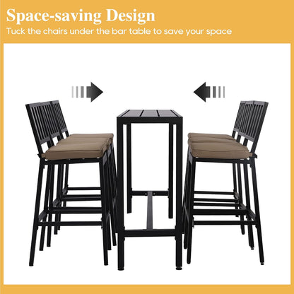 Outdoor Patio Bar Set, Bar Height Patio Dining Set, Weather-Resistant Bistro Counter Pub Set with Cushions & Slatted Tabletop for Backyard, Garden, Yard (63" Table, 6 "I Style Stool, Black)
