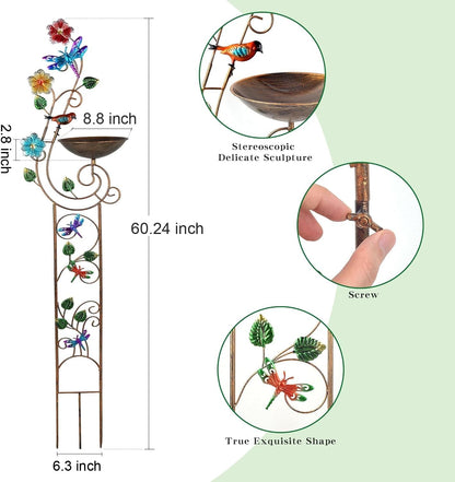 57” Bird Bath with Garden Trellis for Climbing Plants Outdoor, Small Decorative Metal Birdbath Bird Baths, Dragonfly (Dragonfly)