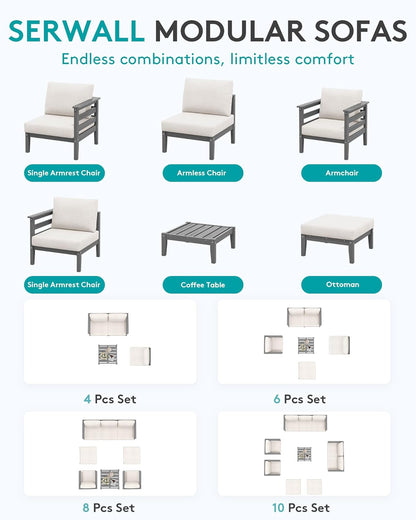 SERWALL HDPE Patio Furniture Set, 8 Pieces Composite Outdoor Furniture, All-Weather Wood-Like Outdoor Sofa Couch with Coffee Table for Deck, Lawn, Grey Frame with Khaki Cushion