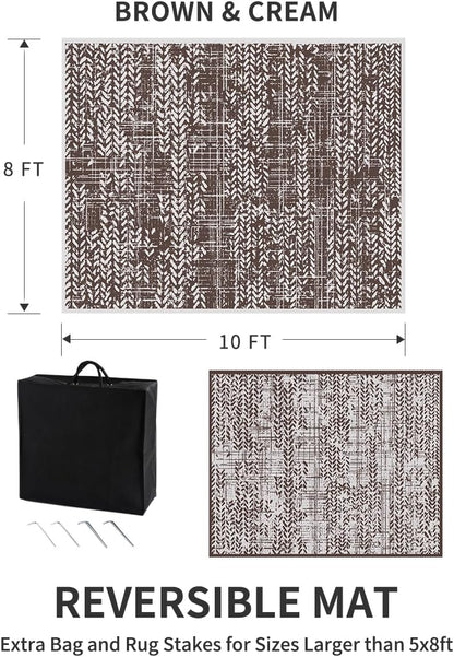 MontVoo Outdoor Rug 8x10 Waterproof-Patio Rug Mat Outdoor Carpet Reversible RV Camping Picnic Plastic Straw Rug Outside Outdoor Area Rug for Balcony Deck Backyard Patio Decor Boho Modern Brown