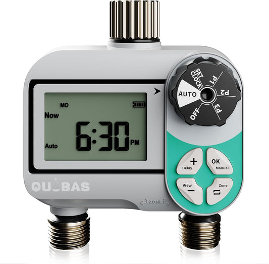 QUOBAS Weekly Plan 2 Zone Sprinkler Timer with Metal Inlet & Outlet, Water Timer for Garden Hose with Rain Delay/Manual Watering/Automatic Watering Controller System for Watering Lawn, Yard, Garden
