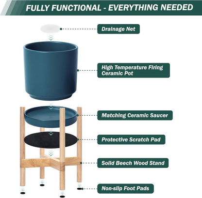 D'vine Dev Ceramic Planter with Natural Stand - 12 Inch Modern Round Flower Pot with Wood Planter Holder, Teal, 55-B-J-4