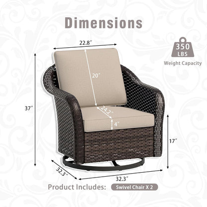 Outdoor Wicker Swivel Chair Set of 2, All-Weather Use Patio Rattan Chair with Seat and Back Cushion, Ideal for Porch, Backyard, Balcony, Poolside, Beige