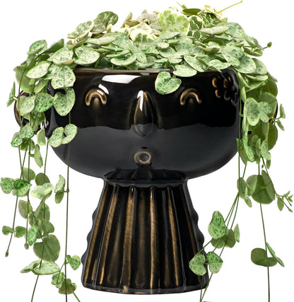 Head Planter 7 Inch - Ceramic Face Planters with Drainage Hole, Funny Succulent Pots for Indoor Outdoor, Cute Decorative Plant Pot, Desk Office Room Home Decor, Black