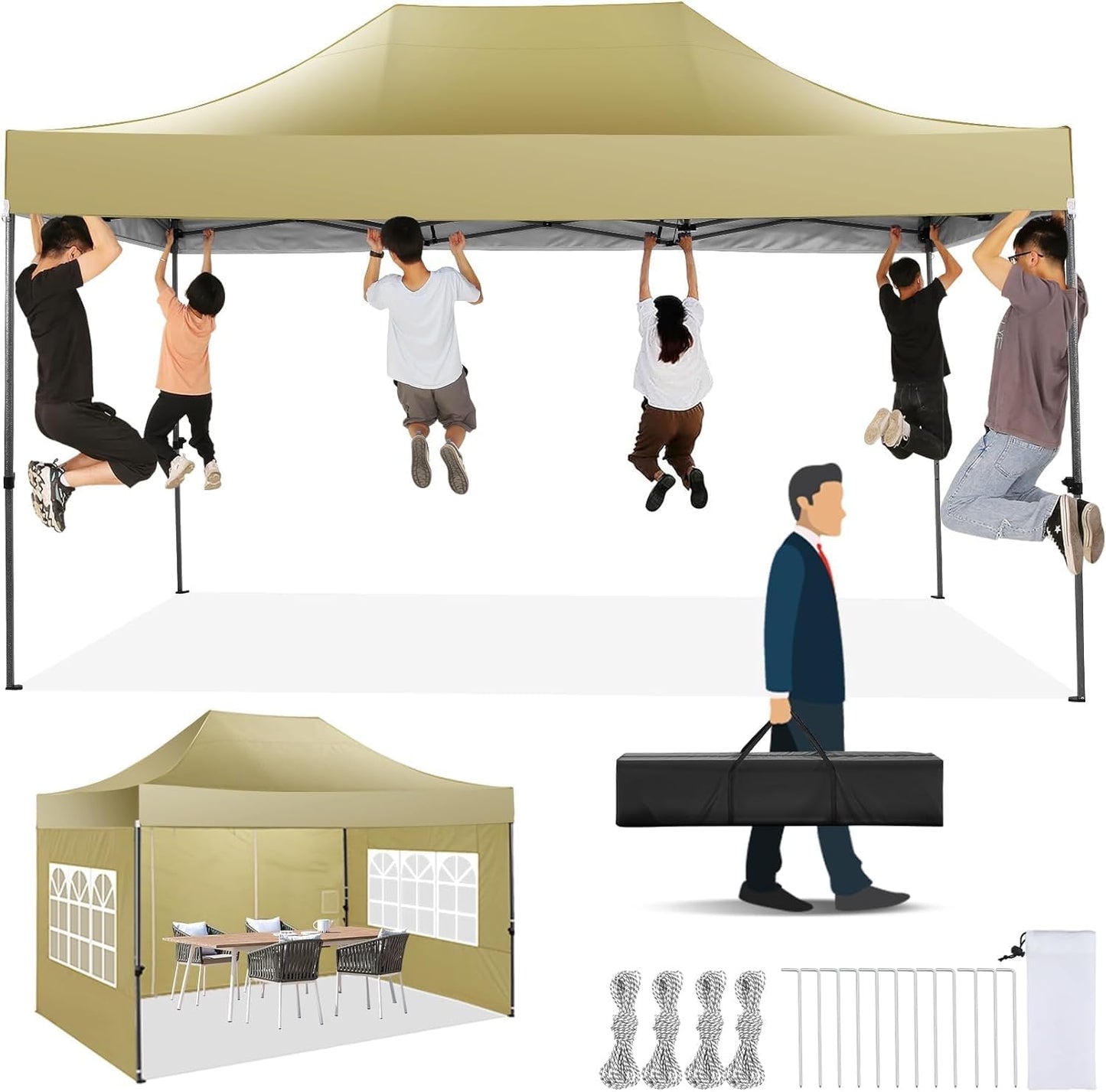 COBIZI 10x15 Pop up Canopy Heavy Duty Without Sidewalls, Easy Set-up Commercial Outdoor Party Canopy, 100% Waterproof Wedding Gazebo, 3 Height Adjustable with Handbag, Khaki