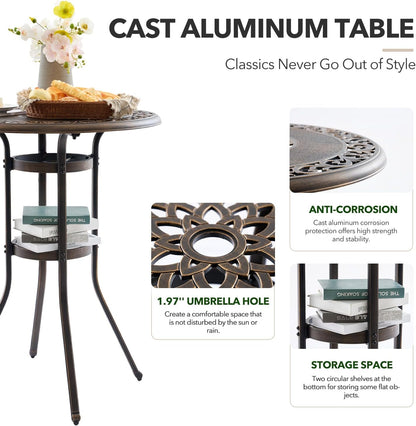 3 Piece Swivel Outdoor Table and Chairs Bar Set , All-Weather Cast Aluminum Outdoor High Top Patio Bar Set Bistro Set, High Swivel Stools with Cushions Umberlla Hole for Balcony, Poolside,Garden,Lawn