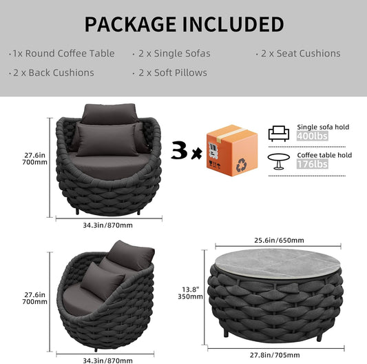 TWT 3 Pieces Aluminum Patio Furniture Set, Hand Woven Textilene Rope Outdoor Sofa Set w/Washable Cushion and Rock Slab Tabletop, Conversation Furniture for Livingroom Poolside Balcony (Dark Grey)