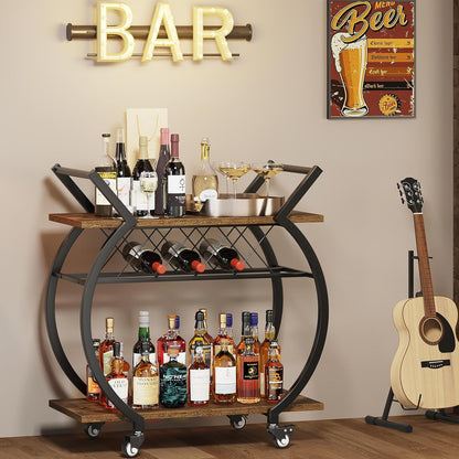 LVB Industrial Kitchen Bar Cart, Farmhouse Beverage Serving Liquor Cart with Wheels, Wood and Metal Rolling Wine Cart with Storage Shelf, Microwave Drink Cart for Home Living Dining Room, Rustic Brown