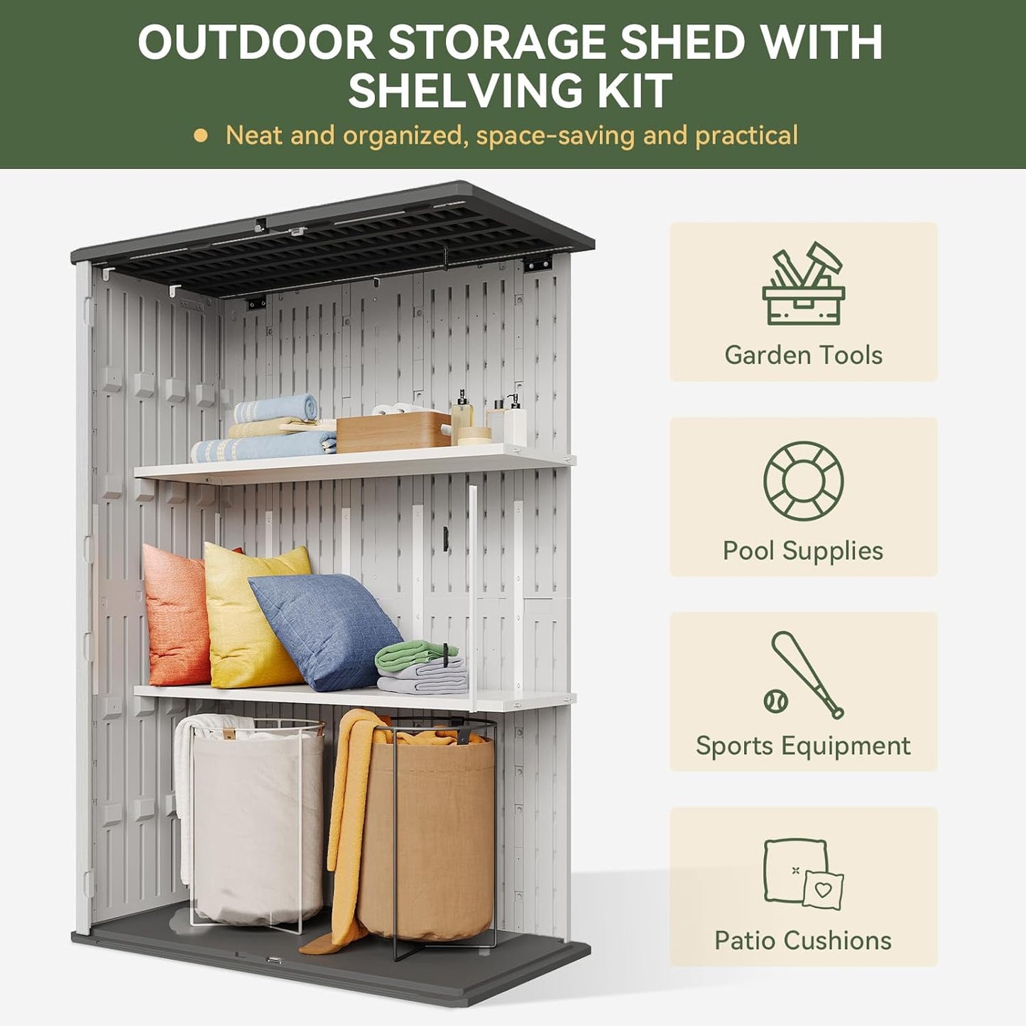 Aoxun White Resin Outdoor Storage Shed with 2 Shelves & Floor, 64 Cu.Ft Vertical Waterproof Cabinet for Garage, Pool, Bike, Garden Tools, Patio Furniture