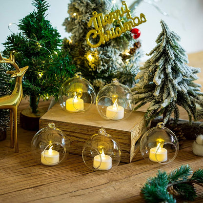 24 Pcs 3.15"/ 8cm Hanging Glass Tealight Holder Globe with LED Tealight, Plant Terrariums Glass Orbs Air Plants Tea Light Candle Holders Home Decor Indoor Outdoor Garden DIY Gifts (24 Pcs)