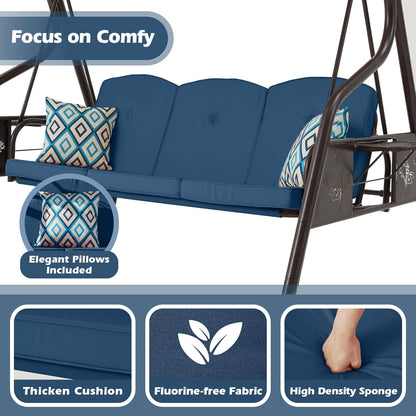 3-Seat Patio Porch Swing 800LBS Outdoor Swing with Stand w/Canopy & Adjustable Backrest Patio Glider Chair w/Removable Pillows & Foldable Side Tray for Balcony Garden Deck (Blue)