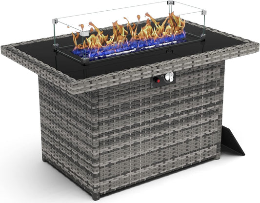 44 Inch Propane Gas Fire Pits Table for Outside Patio, 60000 BTU Rectangular Outdoor Wicker Rattan Fire Pit with Glass Wind Guard
