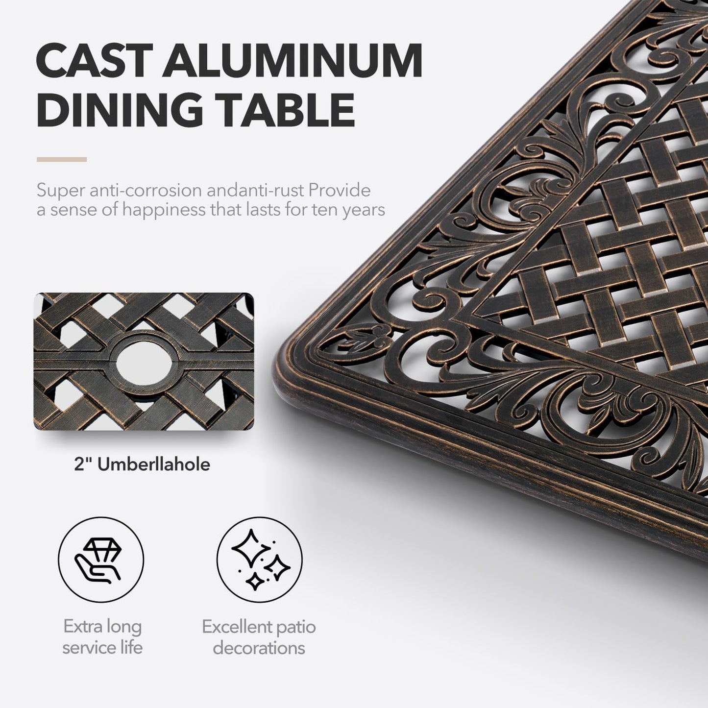 𝐀𝐢𝐥𝐢𝐬𝐦𝐚𝐢𝐥 59” Patio Outdoor Dining Table for 6, Cast Aluminum Rectangle Patio Dining Table Weather Resistant with 2" Umbrella Hole for Patio Deck Garden (Bronze, 59" Classic Table)