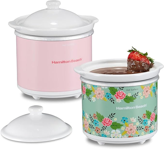 Hamilton Beach Party Dipper Electric Food Warmer Twin Pack, Great for Entertaining and Gifts, 20 oz. Capacity, For Desserts, Dips, Sauces, Cheeses, Solid Pink and Colorful Floral Print (33102)