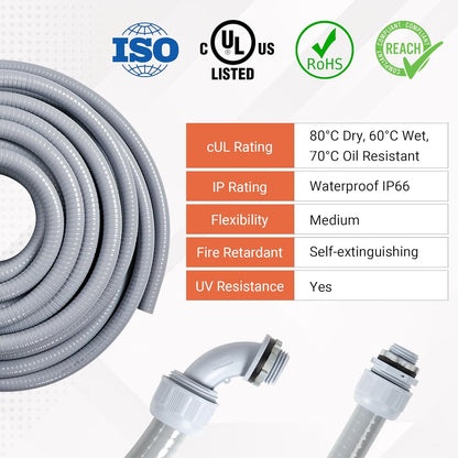 Liquid-Tight Conduit 100 ft and 10 Pieces of Connector Kit, Electrical Conduit 3/4 100ft w/UL Certification, Flexible Conduit with 5 Straight and 5 90-Degree Conduit Connector Fittings