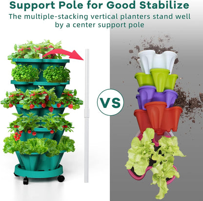 Strawberry Vertical Planters Tower Garden, 5 Tiered Stacking Planter with Support Pole, Stackable Herb Vegetable Planters Indoor and Outdoor - Hunter Green