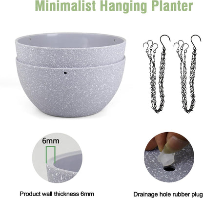 10 inch Hanging Planters for Indoor Outdoor Plants, 2 Pack Hanging Flower Pots with Drainage Holes and Chain for Garden Porch, Plastic Hanging Baskets for House Plants, Speckled Grey