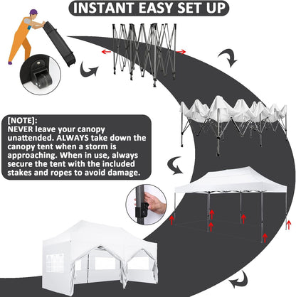 COBIZI 10x20 Pop Up Canopy with 6 Sidewall,Heavy Duty Canopy UPF 50+ All Season Wind Waterproof Commercial Outdoor Wedding Party Tents for Parties Canopy Gazebo with Roller Bag(10 x 20 ft White)