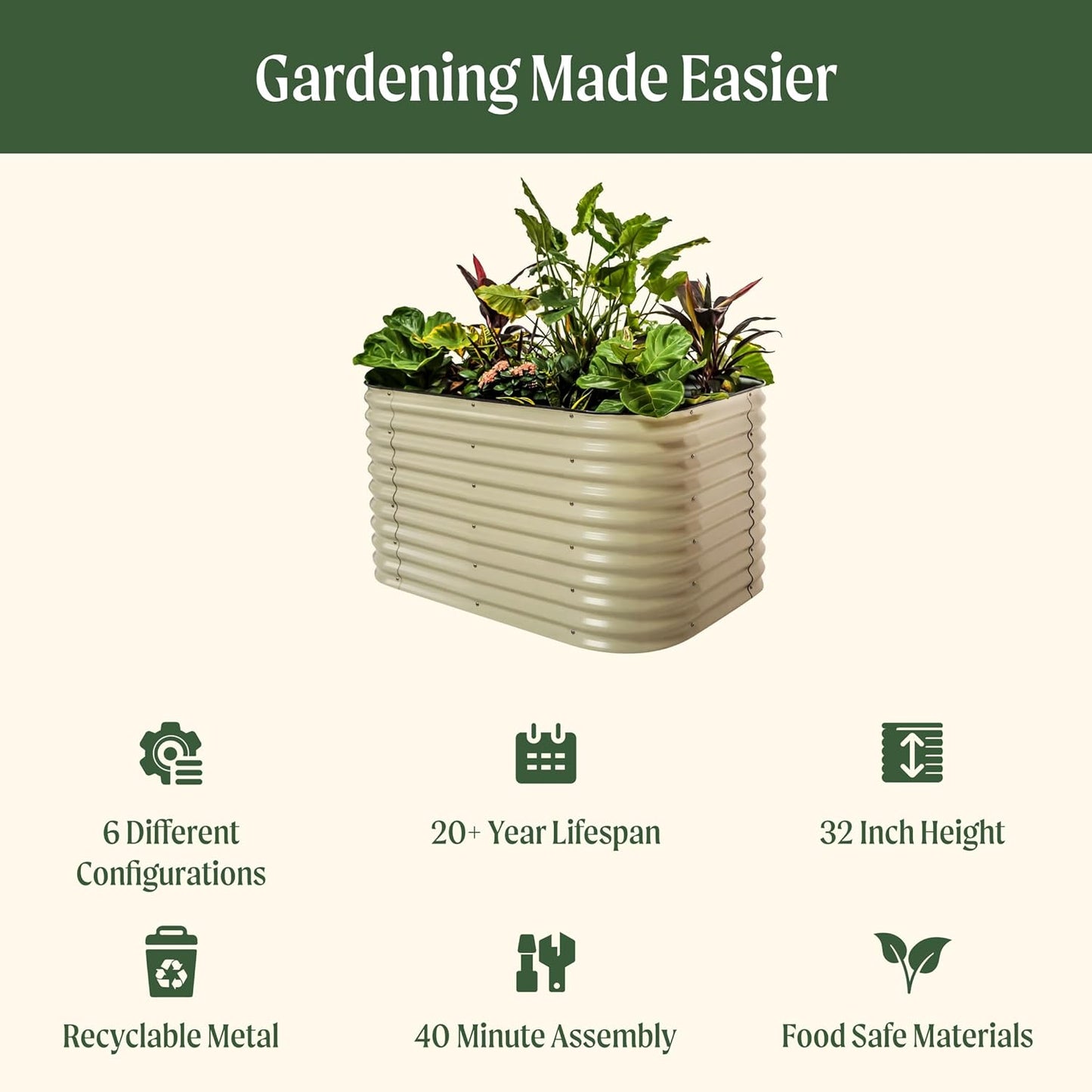 Vego garden 32" Extra Tall Raised Garden Bed Kits, 6 in 1 Modular Raised Planter Box for Vegetables Flowers Fruits Oval Metal Raised Garden Bed- Modern Gray