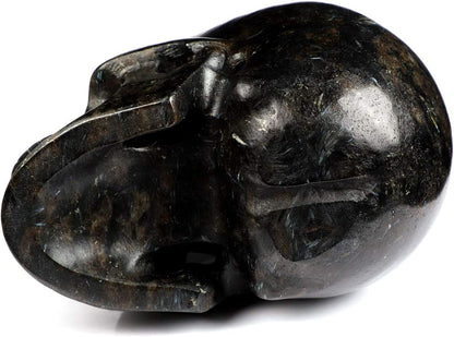 Skullis 5.0" Russian Arfvedsonite Crystal Skull, Hand Carved Gemstone Fine Art Sculpture, Reiki Healing Stone Statue.