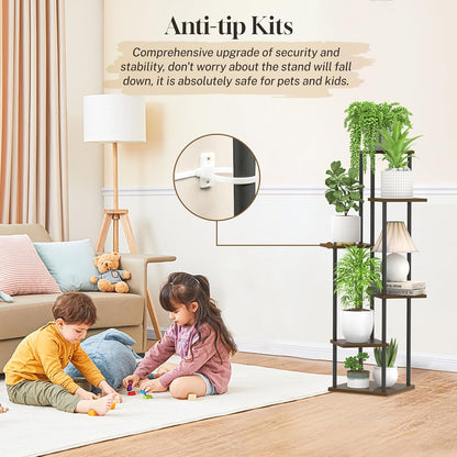 6 Tier Plant Stand Indoor, Tall Metal Wood Muti-Level Planter Shelf Holder, Sturdy Large Vertical Corner Orchid Flower Pot Display Rack for Narrow House Decor Office Living Room Bedroom, Oak