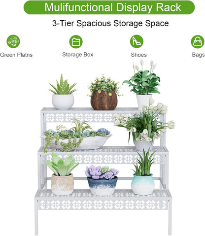 Garden 4 you 3 Tiers Metal Plant Stand,Rectangular Ladder Flower Pots Outdoor Plant Rack, Indoor Plant Display Rack, Heavy Duty Utility Storage Organizer for Home Garden Patio Balcony, Stair Style(White)