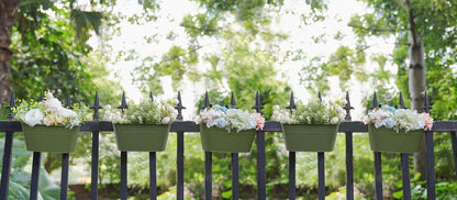 Dahey Metal Iron Hanging Flower Pots for Railing Fence Hanging Bucket Pots Countryside Style Outdoor Planter Window Flower Plant Holder with Detachable Hooks Home Decor,Green,5 Pcs