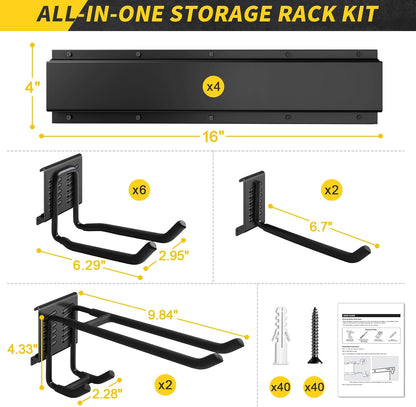 64 Inches Garage Storage, Garage Organization, Wall Mount Garden Tool Organizer, Max 620lbs Adjustable Metal Hooks, Yard Shed Rack, Tool Holder for Hanging Rake Broom Mop Snowboard, Home Gift