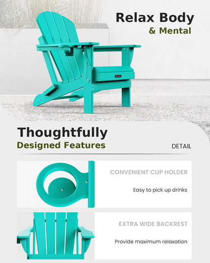 MUCHENGHY Folding Adirondack Chairs 6 Pack, Patio Chairs, Outdoor Chairs, Adirondack Chair Plastic, Fire Pit Chairs, Weather Resistant with Cup Holder for Deck, Backyard, Garden(Lake Blue)