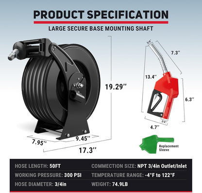Fuel Hose Reel 3/4" x 50FT Retractable Diesel Hose Reel 300PSI Ratchet Spring Driven Hose Holder Reel Heavy Duty Industrial Steel with Fueling Nozzle for Aircraft Tank Truck Trailer Ship, Black