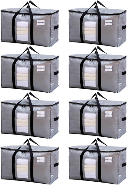 TAILI Extra Large Moving Bags, 8 Pack Silver Heavy Duty Totes For Storage with Visible Window, Wrap Around Handles, Storage Bags for Space Saving, Alternative to Moving Boxes
