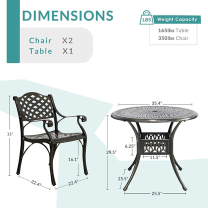 MEETWARM 3 Piece Patio Bistro Set, Outdoor All-Weather Cast Aluminum Dining Furniture Set Includes 2 Chairs and a 35.4” Round Table with Umbrella Hole for Garden Deck