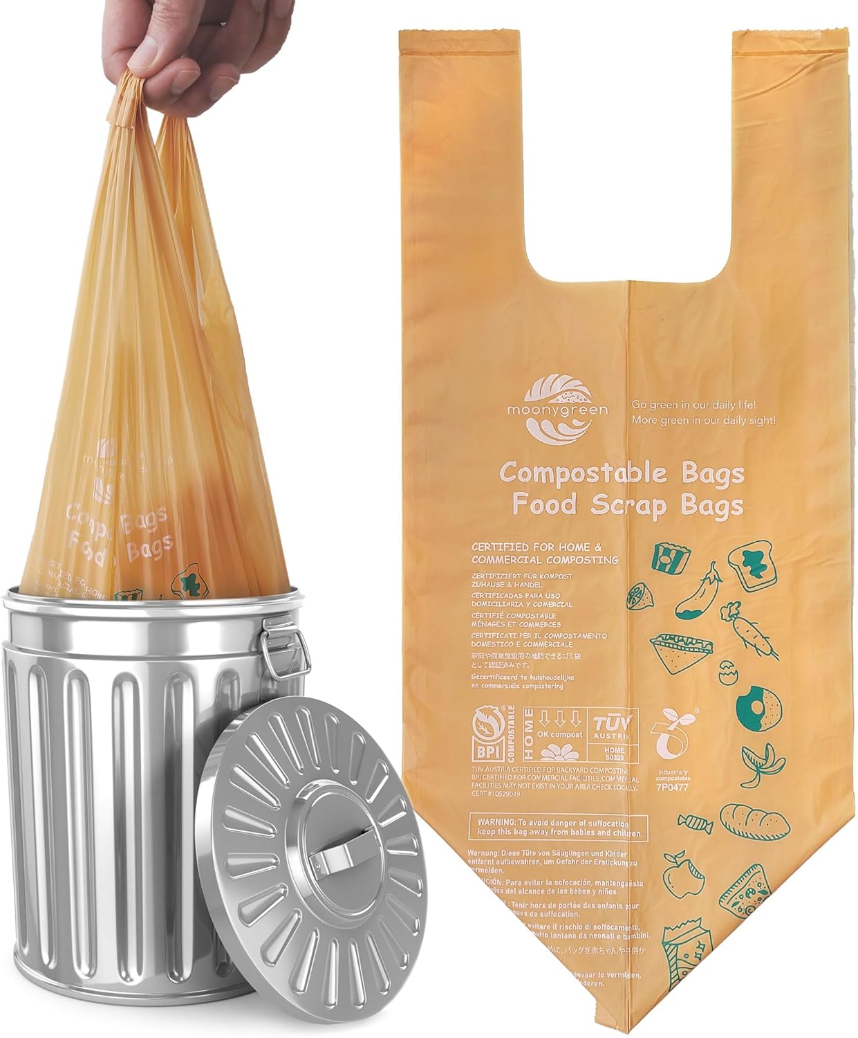 1.6 Gallon Compostable Handle Tie Garbage Bags, Small Trash Bags for Countertop Bin, Extra Thick 0.78 Mils, Certified US BPI ASTM D6400, 6 Liter, 50 Count