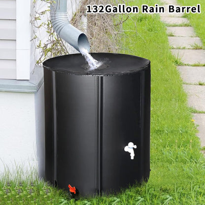 132 Gallon Collapsible Rain Barrel, Portable Rainwater Collection System, Rain Catcher Barrel, Water Storage Tank with Two Spigots and Overflow Kit, Rain Water Barrel Collector for Garden, Black