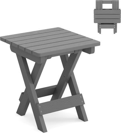 LUE BONA Small Outdoor Folding Side Table, HDPS Outside End Table for Patio, Porch, Deck, Pool, 14 Inch Height, Netural Grey