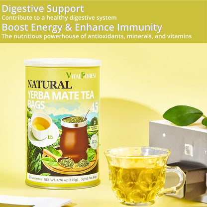 VitalForest 45 Yerba Mate Tea Bags, Unsmoked Yerba Mate from Rainforest, Energy Burst Yerba Tea Argentina, NO Dust, NO Stems, Rich In Antioxidants