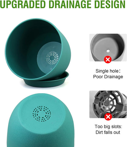 Large Flower Pots 12/10/9 inch, Set of 3 Modern Decorative Plastic Planters with Drainage Holes and Saucers for House Plants, Plant Pots for Indoor Outdoor Plants, Blue Green