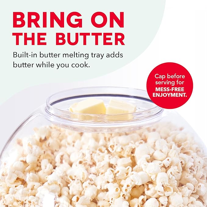 Dash SmartStore® Stirring Popcorn Maker - Electric Popcorn Machine with Butter-Melting Tray & Clear Serving Bowl - Features Stirring Bar - 24 Cups, White