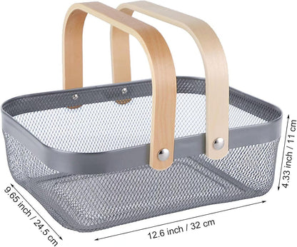 Metal Mesh Steel Basket, Storage Organizer Basket Garden Harvest Basket Multi-functional Kitchen Fruit Baskets Bin with Wooden Handle for Bathroom Picnic Shopping Decor Cabinet Home, Grey