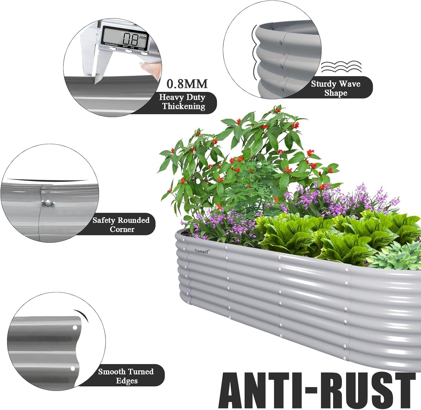 6 Pack 8x3x2FT Galvanized Raised Garden Bed Kit Oval Metal Ground Planter Box Outdoor Bottomless Planter Raised Beds for Vegetables Flowers Herbs Fruits, Gray