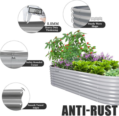6 Pack 8x3x2FT Galvanized Raised Garden Bed Kit Oval Metal Ground Planter Box Outdoor Bottomless Planter Raised Beds for Vegetables Flowers Herbs Fruits, Gray