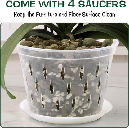 Orchid Pot, 8 Inch 4 Pack Orchid Pots with Holes and Saucers, Clear Plastic Orchid Pots
