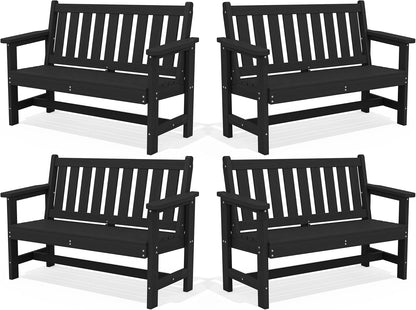 SERWALL Outdoor Bench, HDPE Outdoor Benches Weatherproof, 2-Person Garden Bench with 660 lbs Weight Capacity, Patio Benches for Outdoors, Garden, Porch, Backyard and Park, Black, 4 Pack